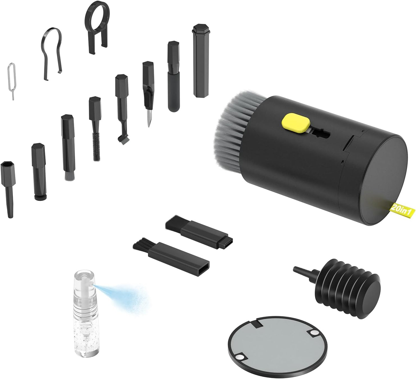 Professional Electronics Cleaning Kit with Retractable Brush and 20-in-1 Multi-Tool, Includes 2.5ml Mist Spray for Cleaning Phones, Tablets, Computers, Monitors, TVs, and Camera Lenses (Black)