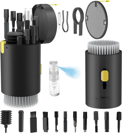 Professional Electronics Cleaning Kit with Retractable Brush and 20-in-1 Multi-Tool, Includes 2.5ml Mist Spray for Cleaning Phones, Tablets, Computers, Monitors, TVs, and Camera Lenses (Black)