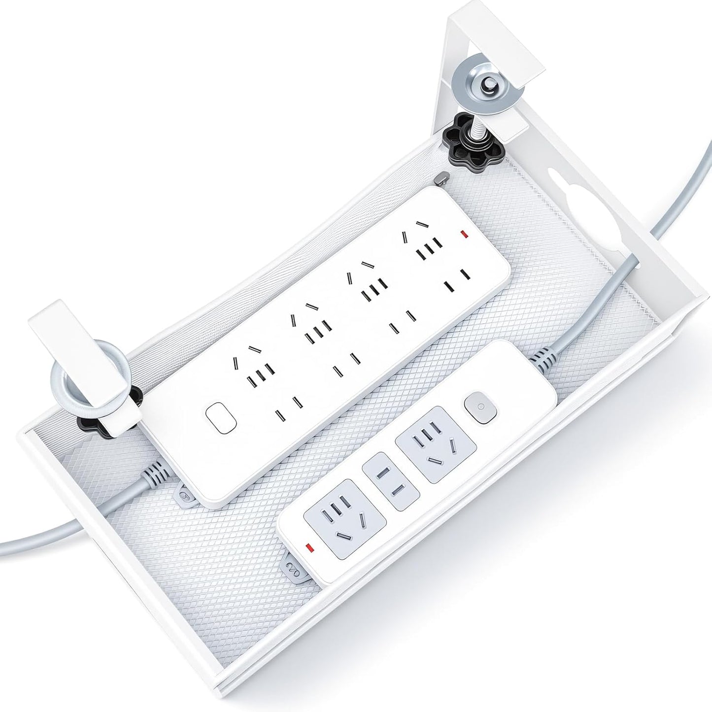 Extra-Wide Under-Desk Cable Management Tray — No-Drill Clamp Mount (White, XL)