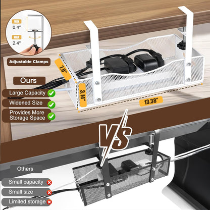 Extra-Wide Under-Desk Cable Management Tray — No-Drill Clamp Mount (White, XL)