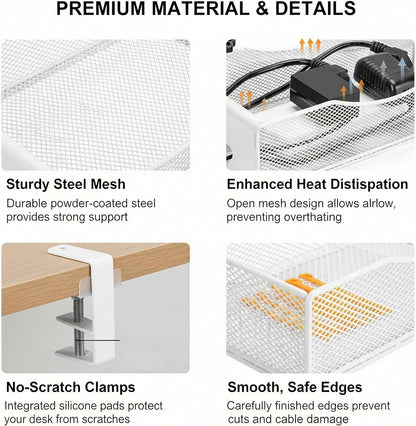Extra-Wide Under-Desk Cable Management Tray — No-Drill Clamp Mount (White, XL)