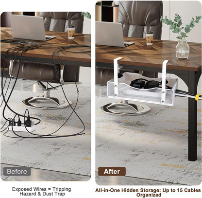 Extra-Wide Under-Desk Cable Management Tray — No-Drill Clamp Mount (White, XL)