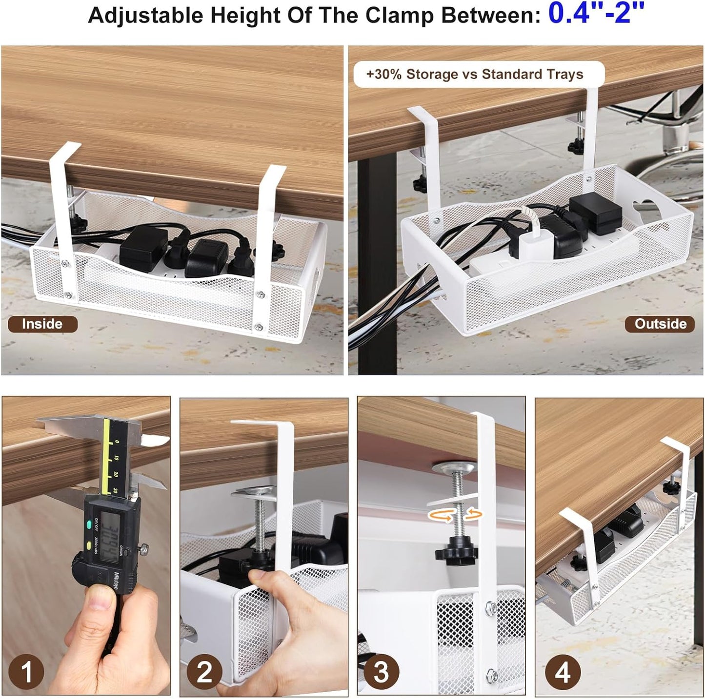Extra-Wide Under-Desk Cable Management Tray — No-Drill Clamp Mount (White, XL)