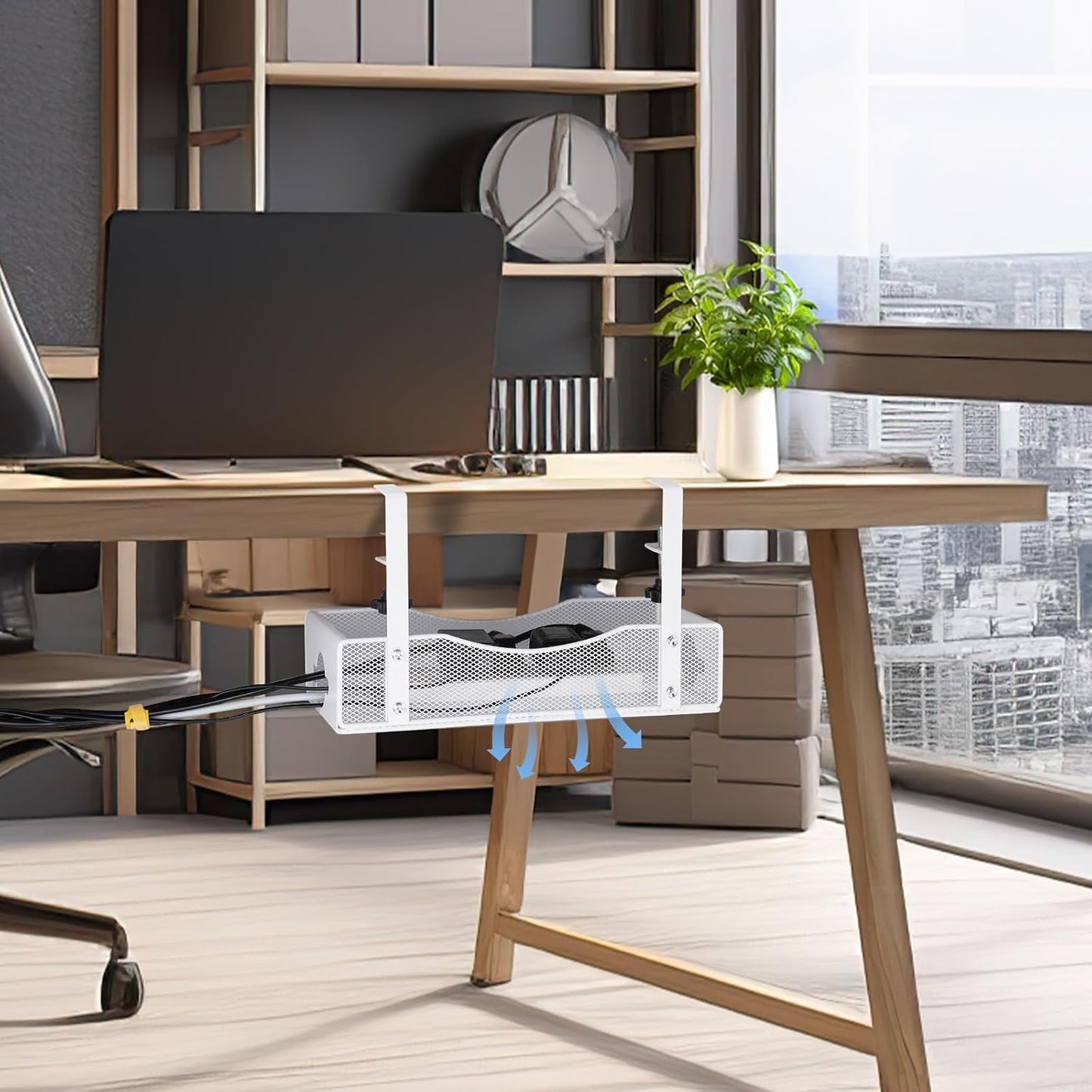 Extra-Wide Under-Desk Cable Management Tray — No-Drill Clamp Mount (White, XL)